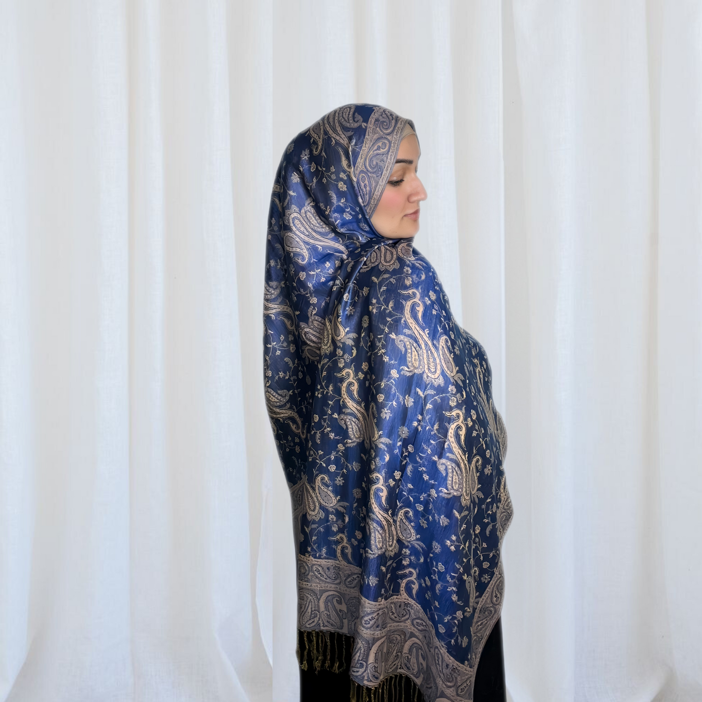 Paisley Pashmina Scarf, in blue. Fashionable and elegant print. Luxury Hijabs from Hana Hijabs UK.