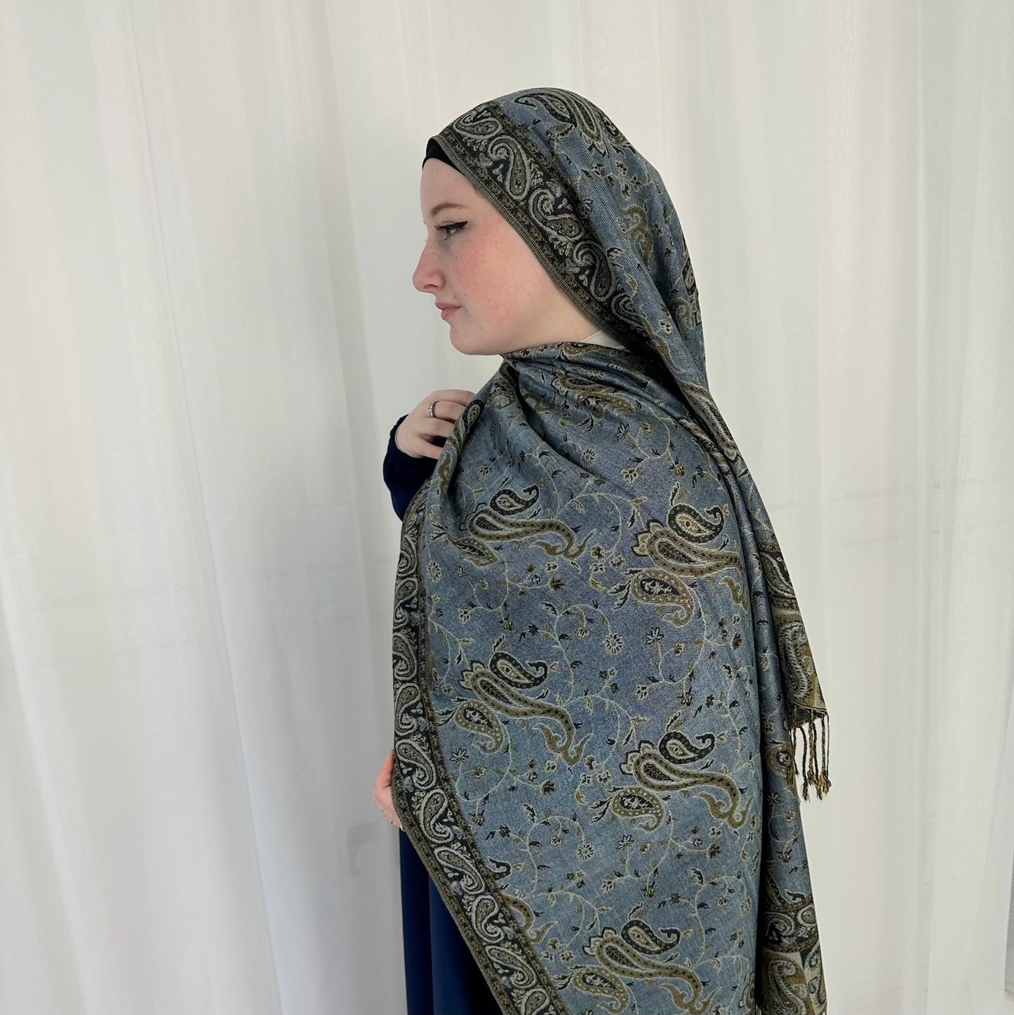 Paisley Pashmina Scarf, in Pastel Blue. Fashionable and elegant print. Luxury Hijabs from Hana Hijabs UK.