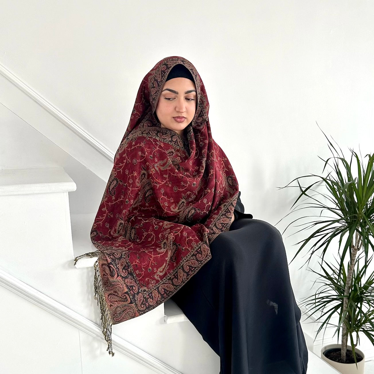 Paisley Pashmina Scarf, in Burgundy Fashionable and elegant print. Luxury Hijabs from Hana Hijabs UK.