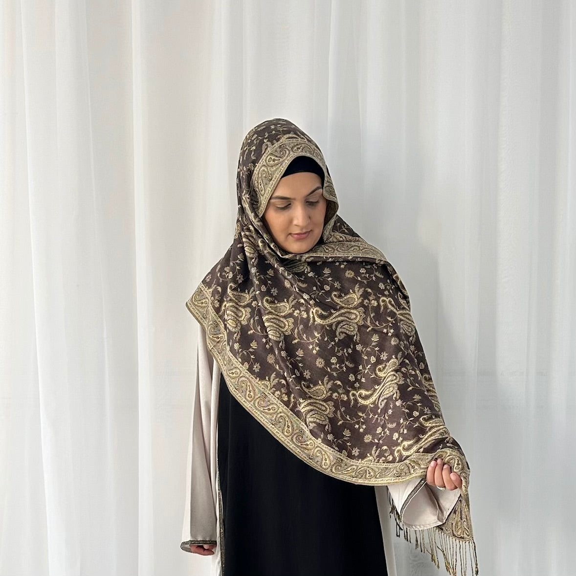 Paisley Pashmina Scarf, in Dark Brown. Fashionable and elegant print. Luxury Hijabs from Hana Hijabs UK.