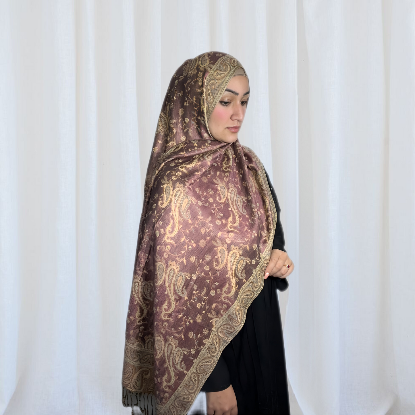 Paisley Pashmina Scarf, in Pinky Purple. Fashionable and elegant print. Luxury Hijabs from Hana Hijabs UK.