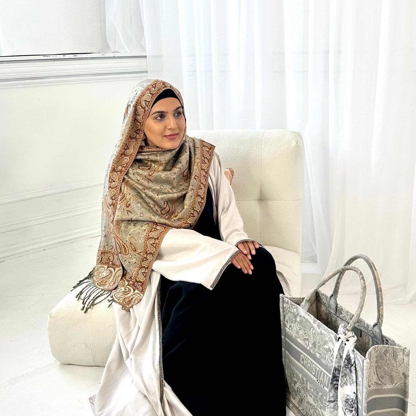 Paisley Pashmina Scarf, in Warm Brown. Fashionable and elegant print. Luxury Hijabs from Hana Hijabs UK.