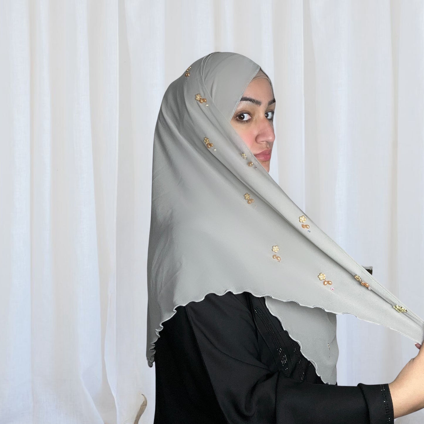 Cloud Grey, Diamond Rara Semi Instant Hijabs, one piece hijab offering full coverage front and back for complete modesty.