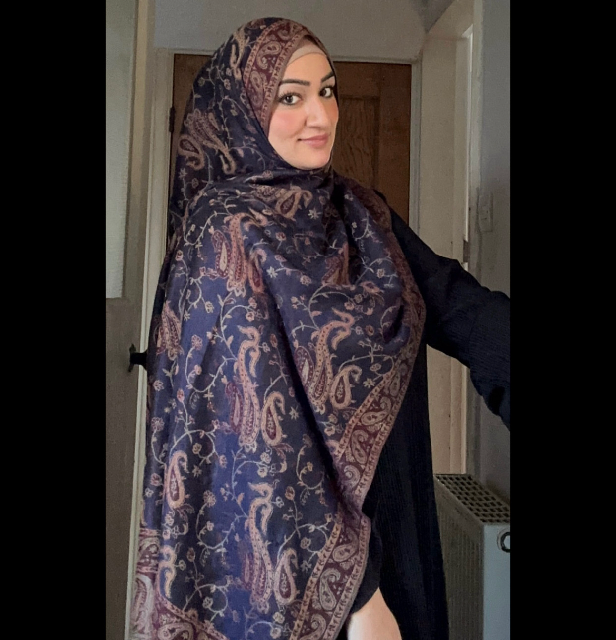 Paisley Pashmina Scarf, in Navy Burgundy. Fashionable and elegant print. Luxury Hijabs from Hana Hijabs UK.
