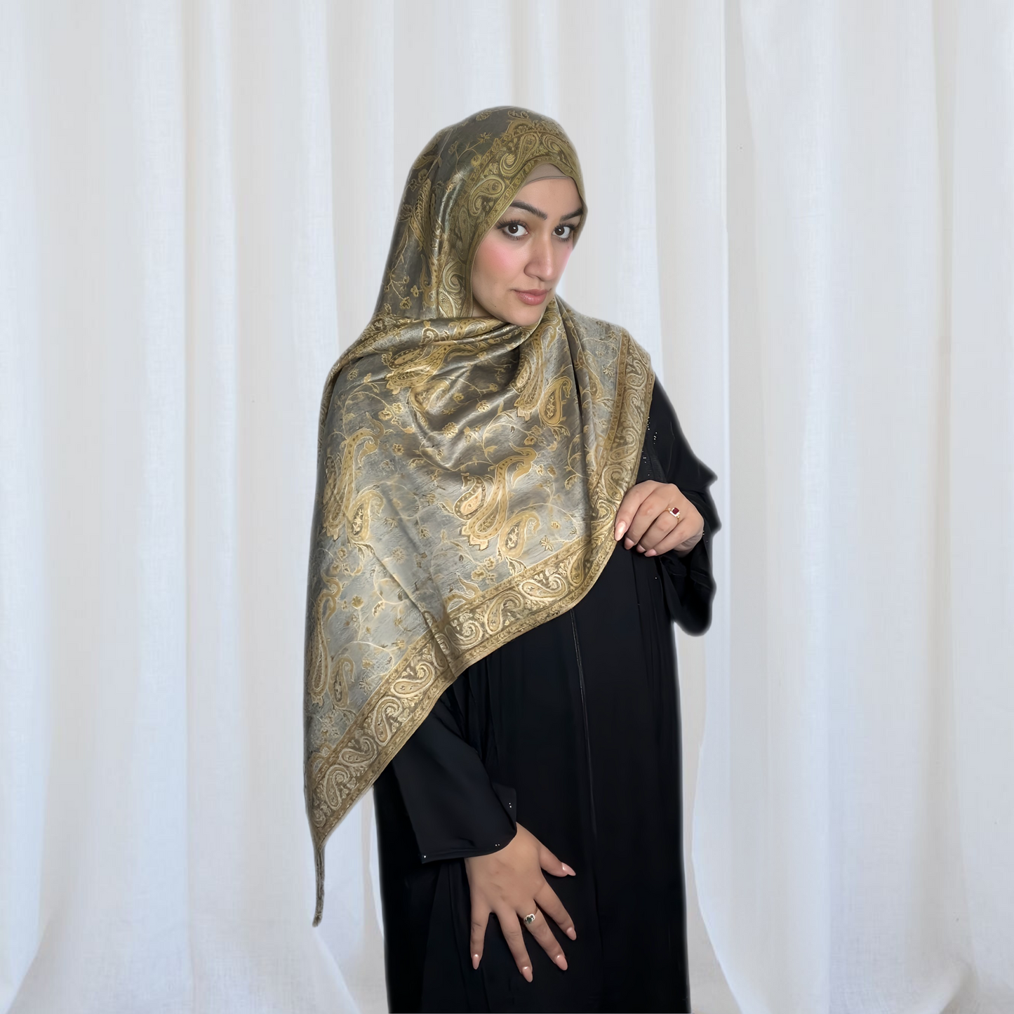 Paisley Pashmina Scarf, in Caramel Grey . Fashionable and elegant print. Luxury Hijabs from Hana Hijabs UK.