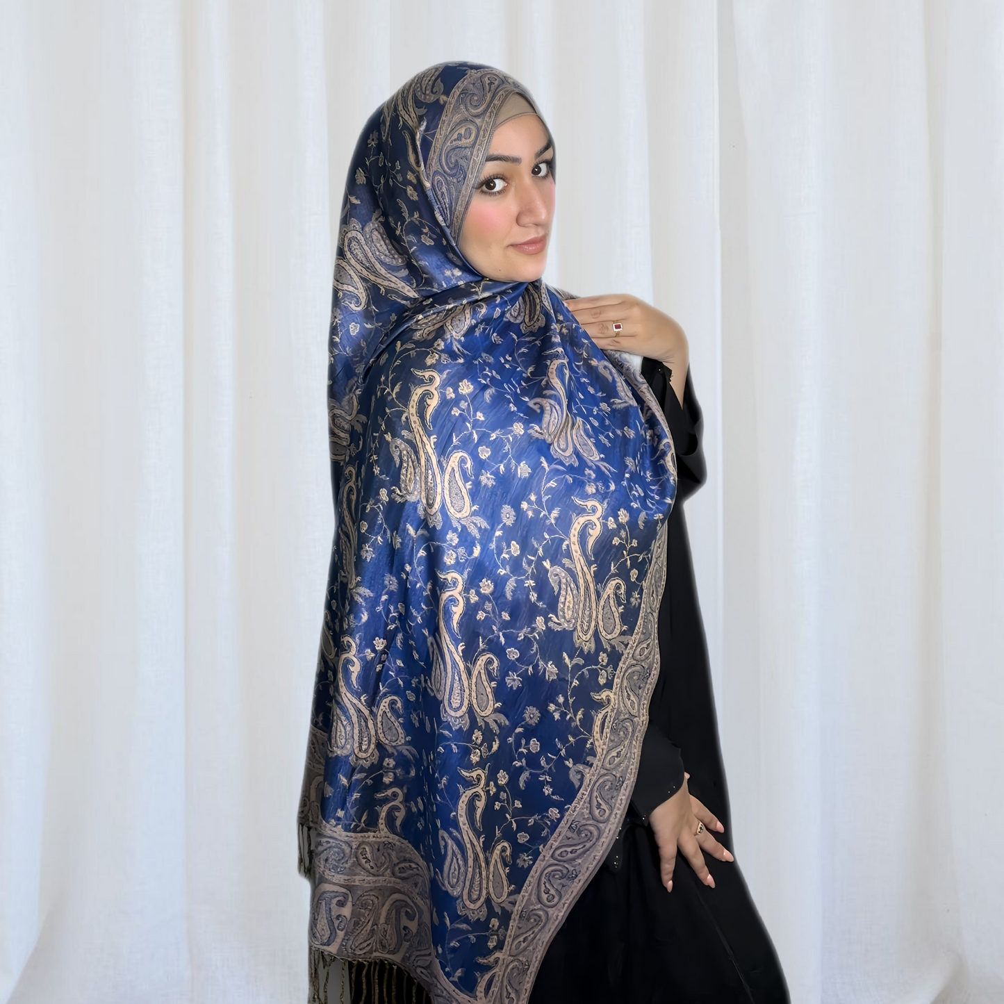 Blue Paisley Pashmina Scarf, 13 different colour choices. Fashionable and elegant print. Luxury Hijabs from Hana Hijabs UK.