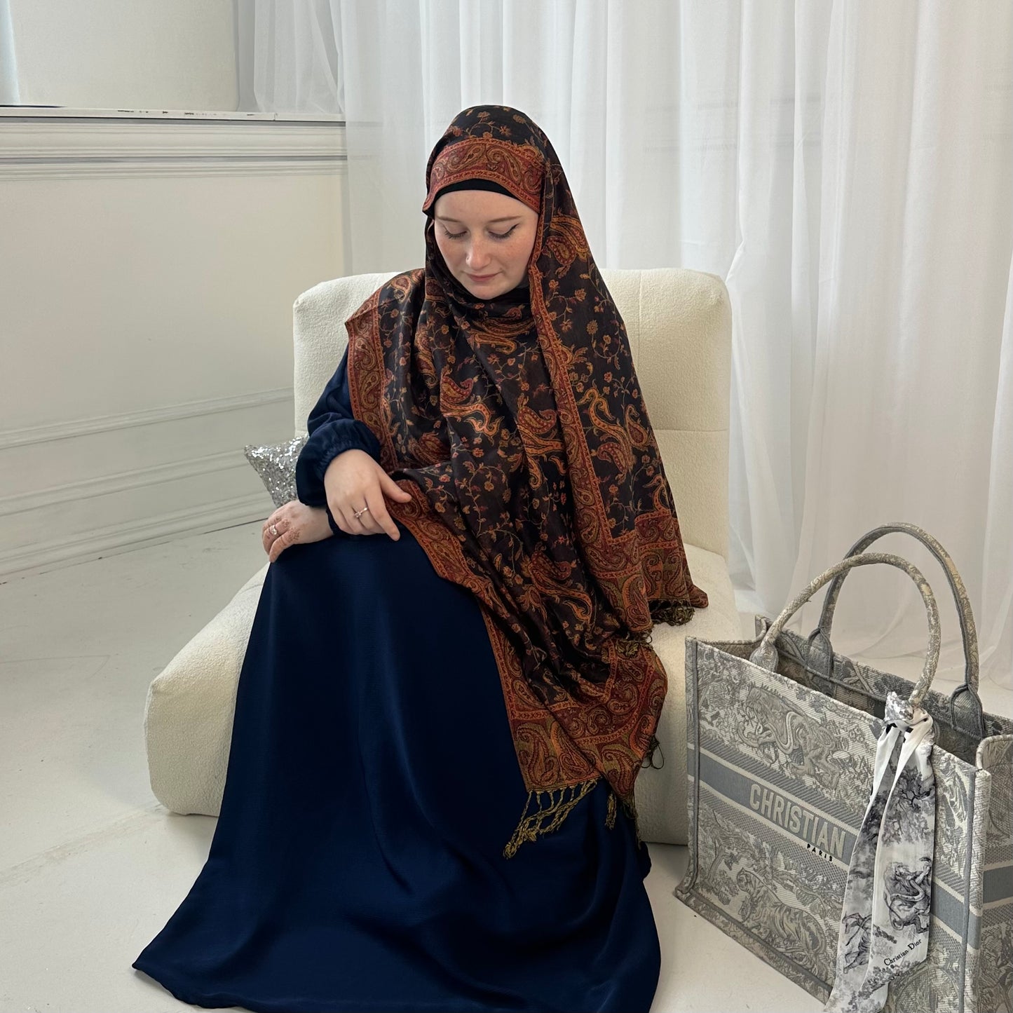 Paisley Pashmina Scarf, in Fiery Black. Fashionable and elegant print. Luxury Hijabs from Hana Hijabs UK.