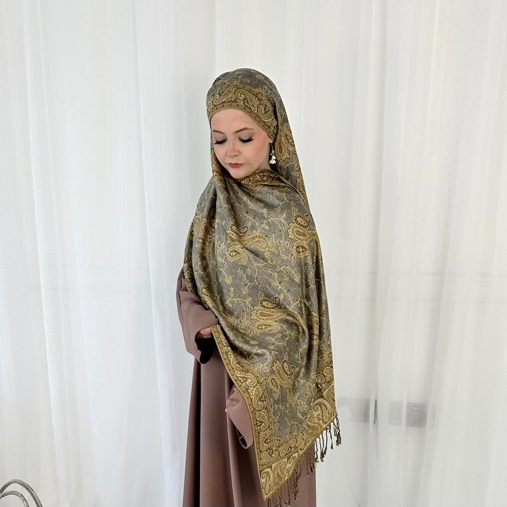 Paisley Pashmina Scarf, different colour choices. Fashionable and elegant print. Luxury Hijabs from Hana Hijabs UK.