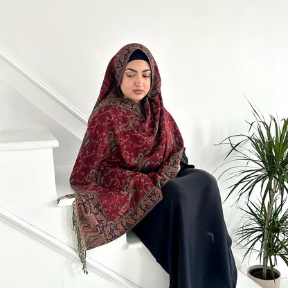 Paisley Pashmina Scarf, in Burgundy Fashionable and elegant print. Luxury Hijabs from Hana Hijabs UK.