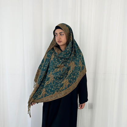 Paisley Pashmina Scarf, in Emerald. Fashionable and elegant print. Luxury Hijabs from Hana Hijabs UK.