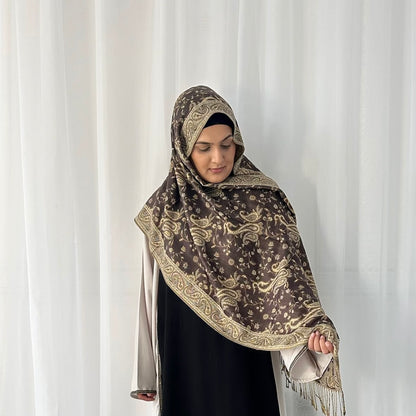Paisley Pashmina Scarf, in Dark Brown. Fashionable and elegant print. Luxury Hijabs from Hana Hijabs UK.