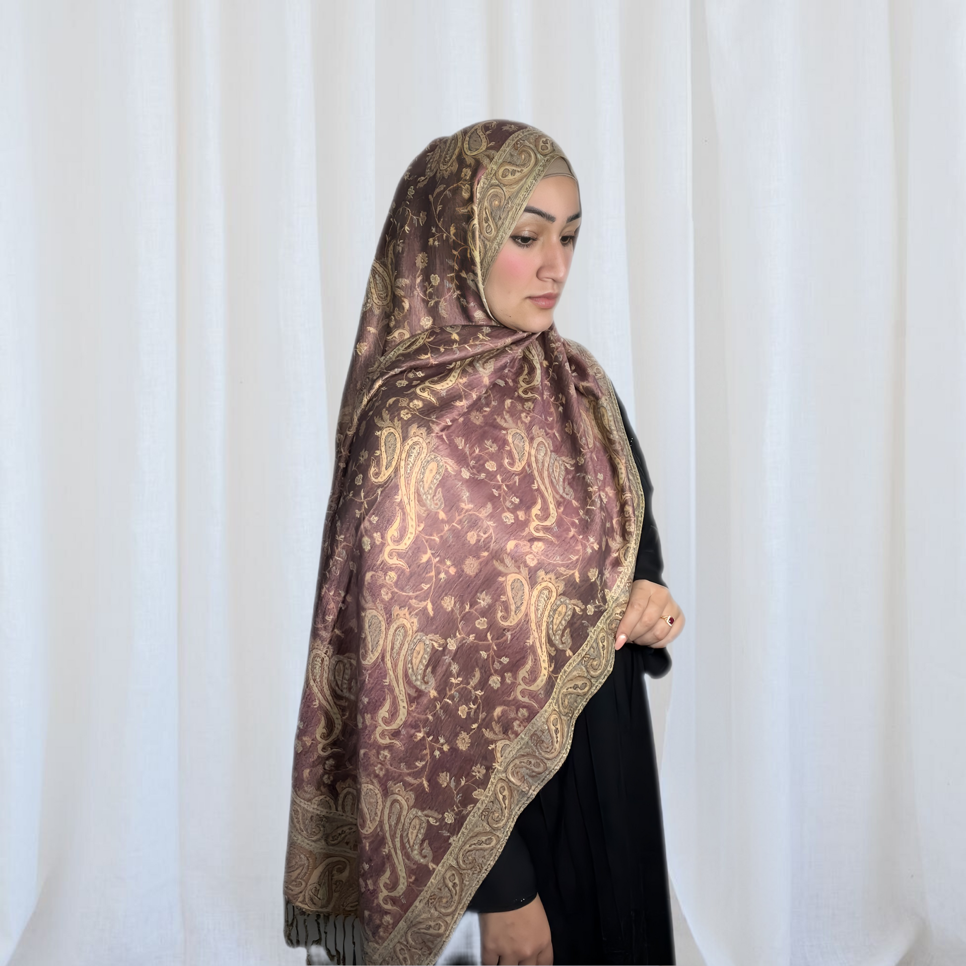 Paisley Pashmina Scarf, in Pinky Purple. Fashionable and elegant print. Luxury Hijabs from Hana Hijabs UK.