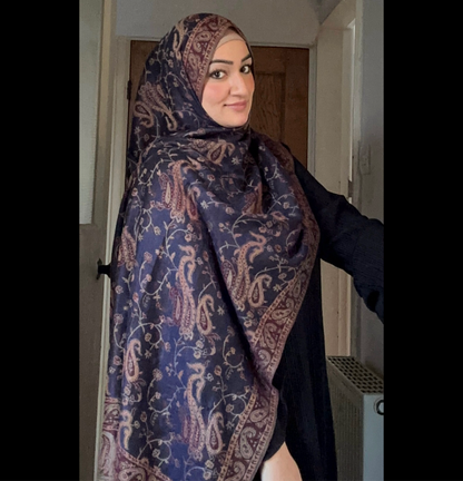 Paisley Pashmina Scarf, in Navy Burgundy. Fashionable and elegant print. Luxury Hijabs from Hana Hijabs UK.
