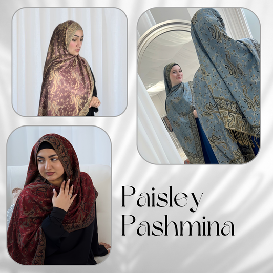 Paisley Pashmina Scarf, 13 different colour choices. Fashionable and elegant print. Luxury Hijabs from Hana Hijabs UK.