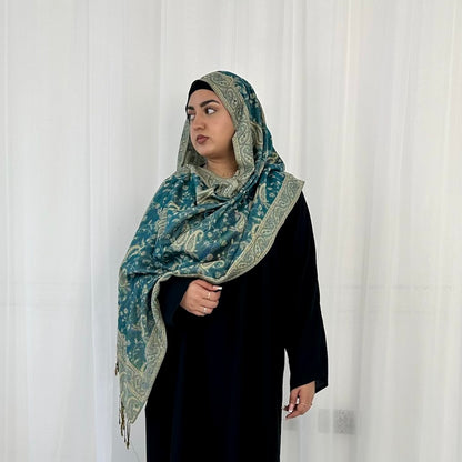 Paisley Pashmina Scarf, in Teal. Fashionable and elegant print. Luxury Hijabs from Hana Hijabs UK.