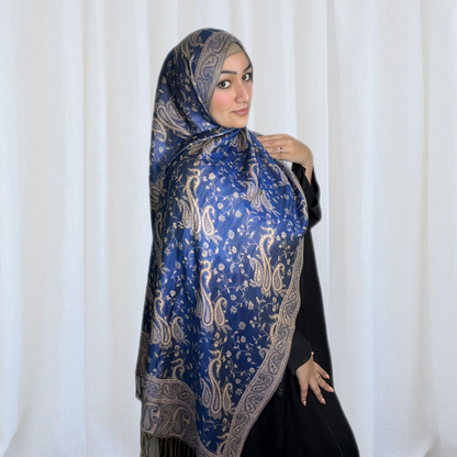 Blue Paisley Pashmina Scarf, 13 different colour choices. Fashionable and elegant print. Luxury Hijabs from Hana Hijabs UK.